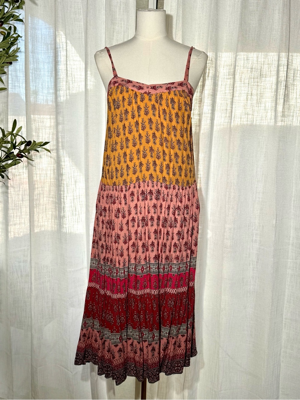 Knox Rose Floral Tiered Midi Sundress Yellow Pink Boho Sleeveless Size S